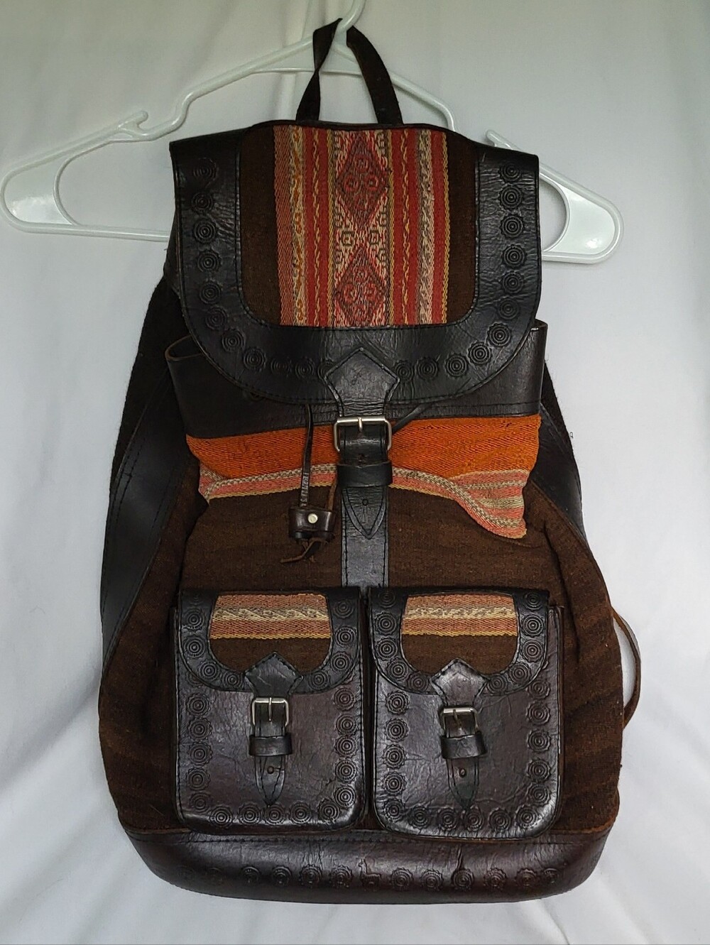 Beautiful Dark Leather And Woven Fabric Backpack Rucksack 🍂